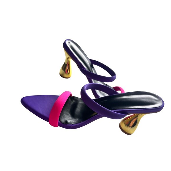 Gold Pyramid High Heel Mules Sandals Neon Pink & Purple Straps Chic Party Size 8 - Picture 6 of 9